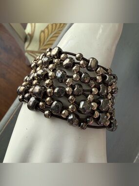 Uno de 50 Silver & Gunmetal Beaded Wide Bracelet